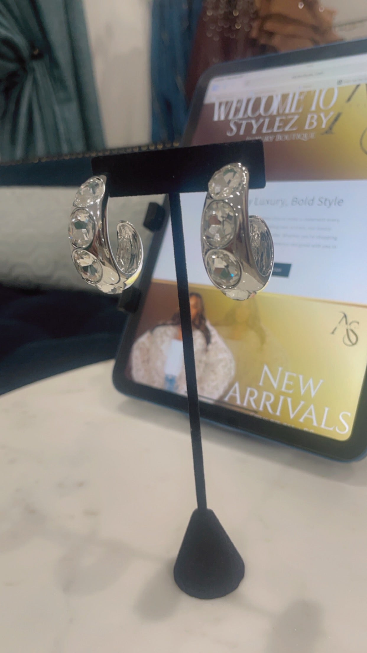 Silver Earrings with large diamond studs