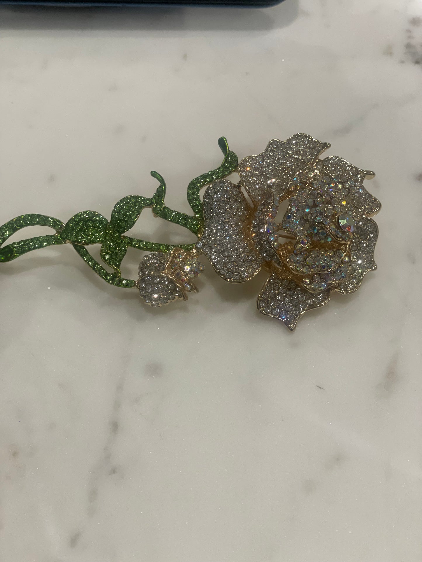Gold & Green Diamond Flower Brooch